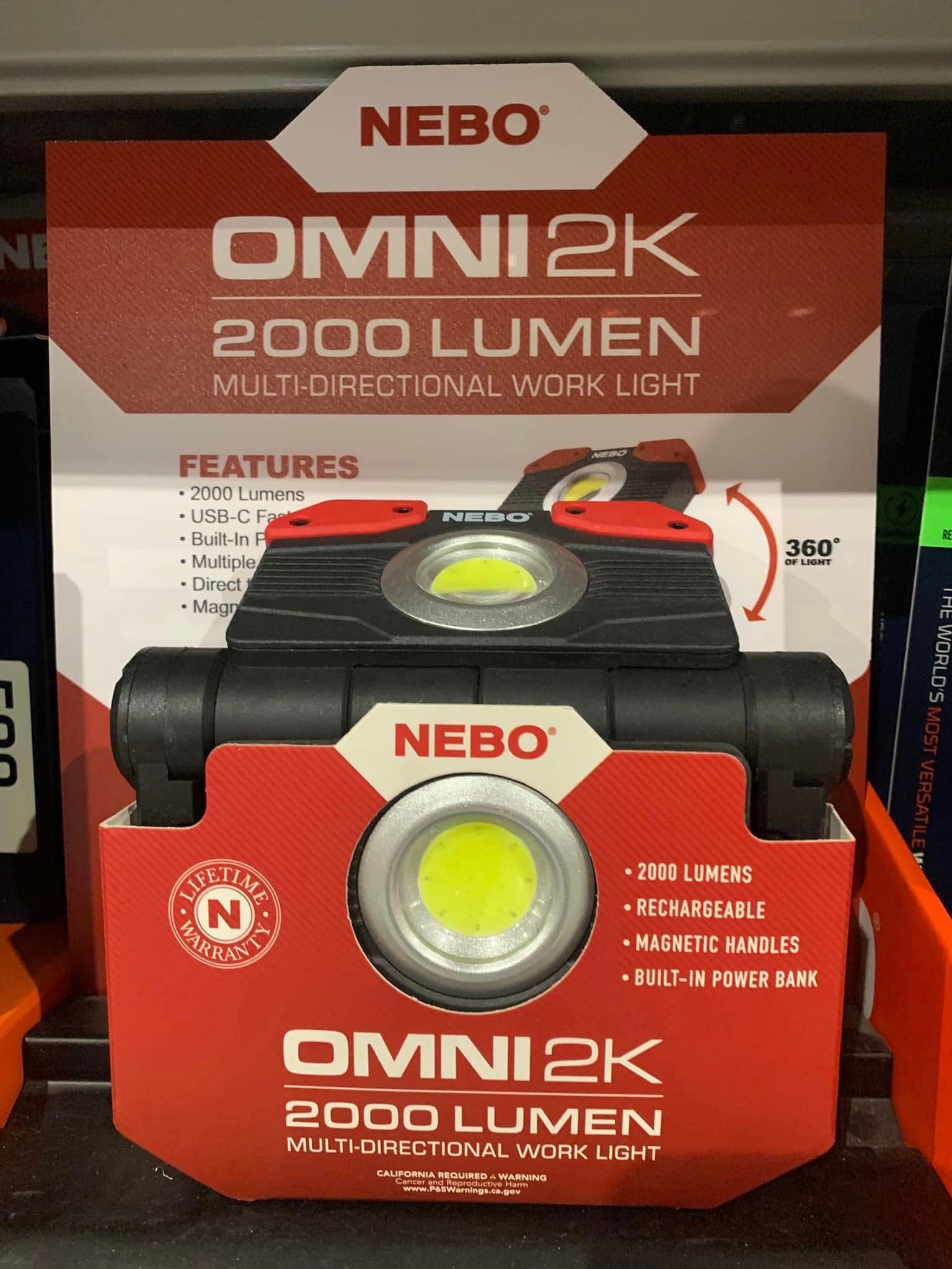 NEBO OMNI 2K 2000-lumen multi-lamp LED flashlight in red retail packaging