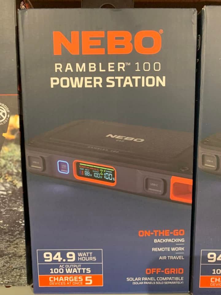 NEBO Rambler 100 power station box with orange accents and front display panel