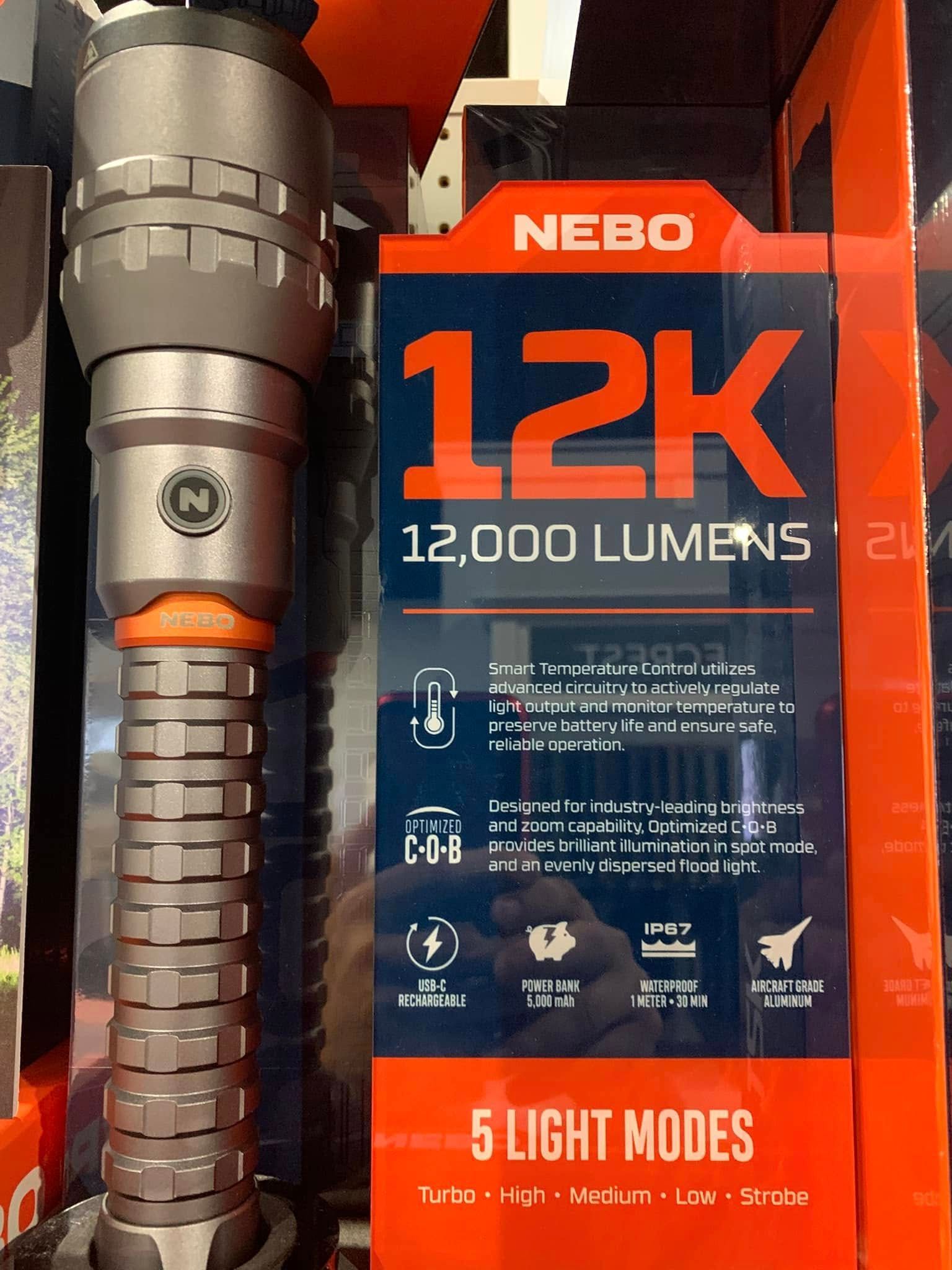 NEBO 12K flashlight package with 12,000 lumens and 5 light modes, shown in orange and black packaging