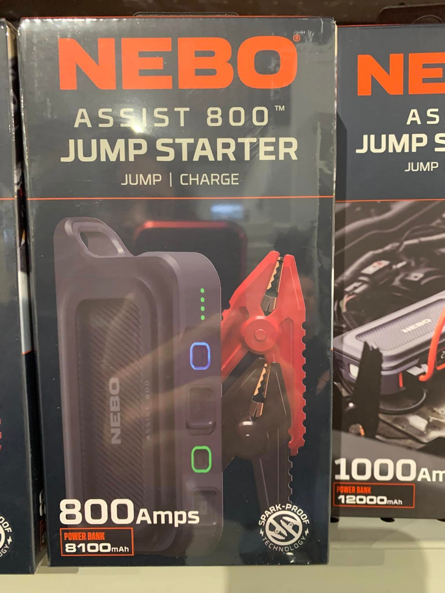 NEBO Assist 800 jump starter box, black with orange branding and red clamps, showing 800 amps.