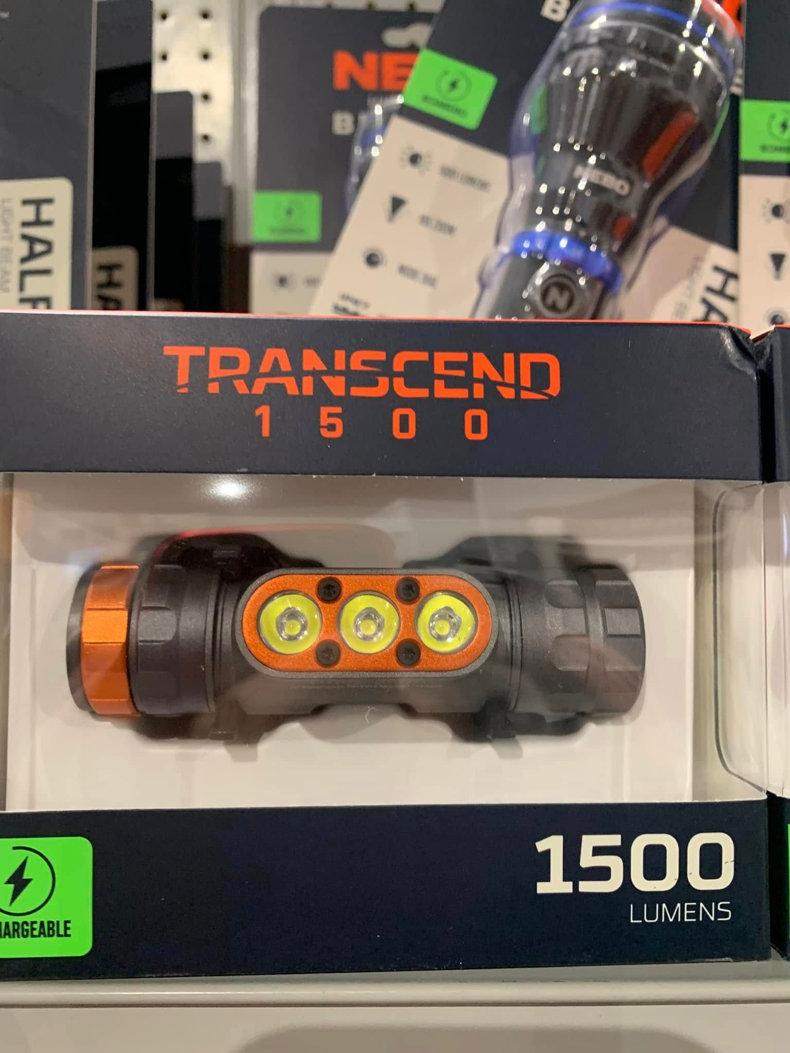 Transcend 1500-lumen flashlight in packaging, black and orange with three LED bulbs