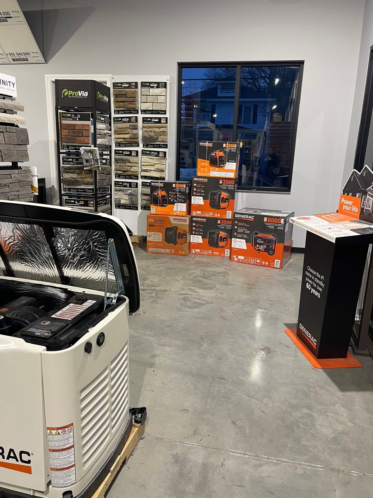 Hardware store aisle with stacked orange boxes, shelving, and a floor machine in the foreground