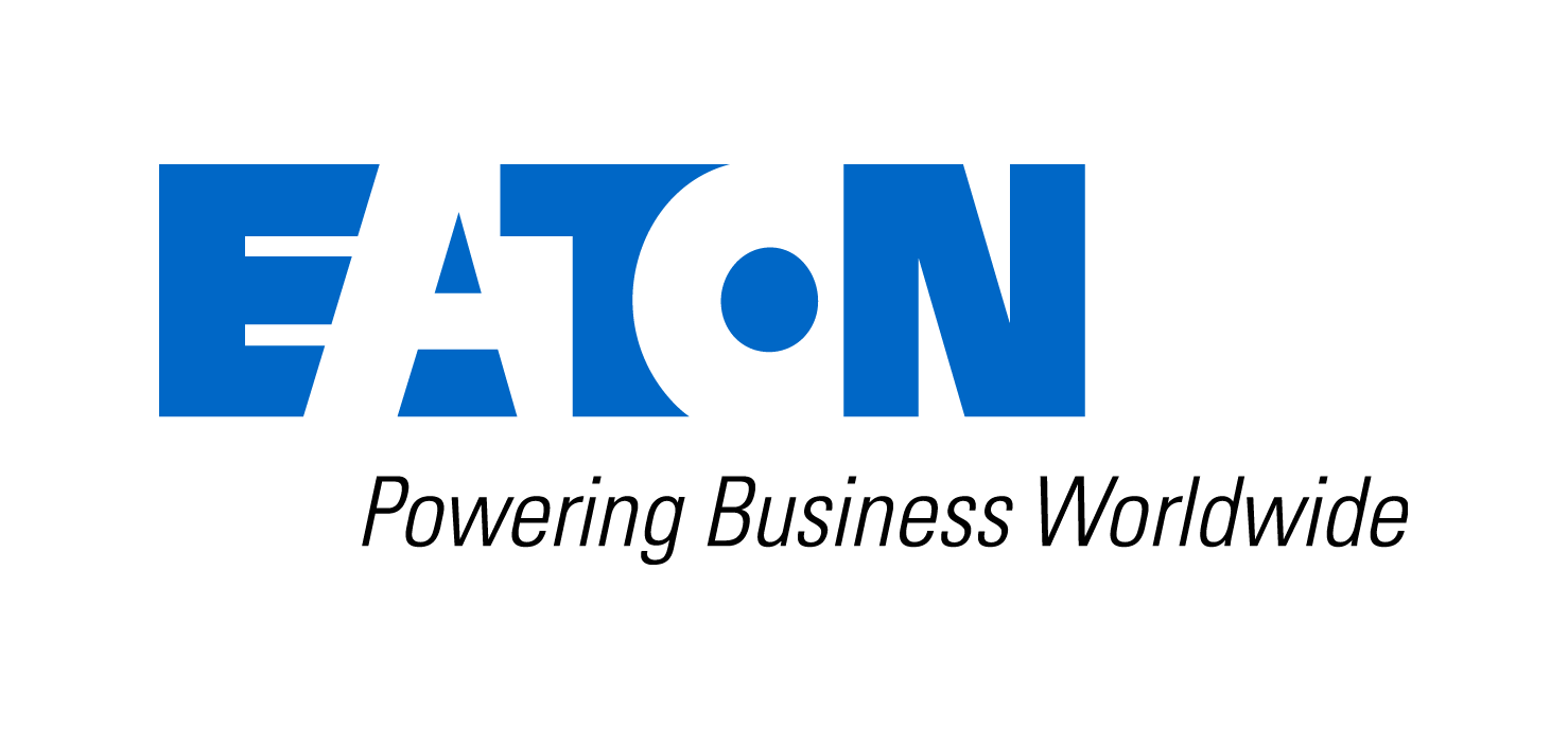 Eaton logo in blue with the slogan “Powering Business Worldwide” underneath