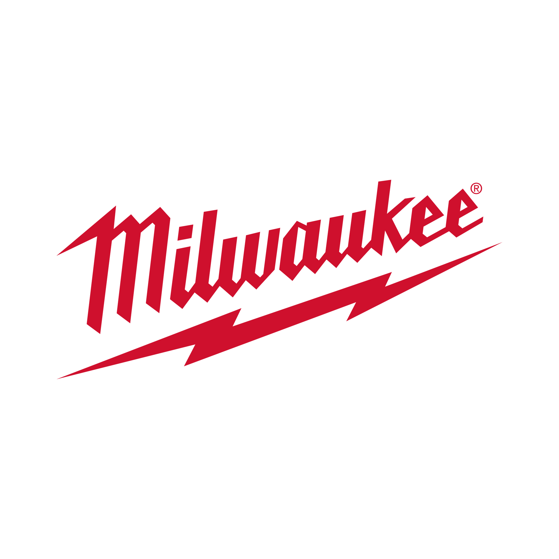 Milwaukee logo in red script with lightning bolt underline on white background