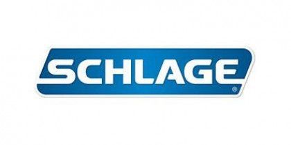 Schlage logo in white on a blue rectangular background