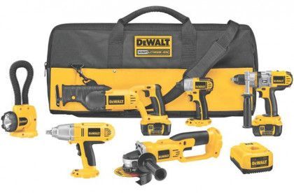 DEWALT cordless power tool kit with drill, saw, work light, charger, and carrying bag
