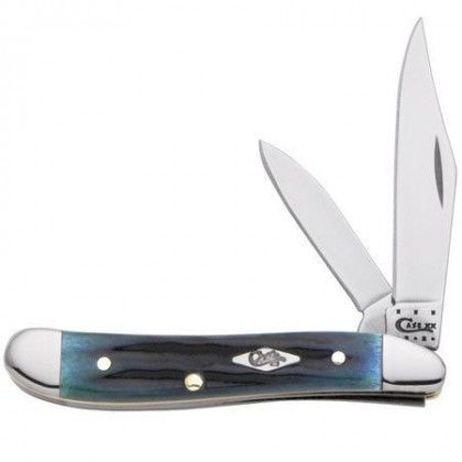 Closed and open folding pocketknife with blue handle and silver blades on a white background