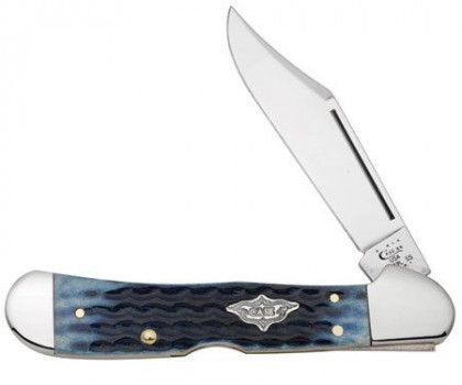 Open pocket knife with blue handle and silver blade, partially open on white background
