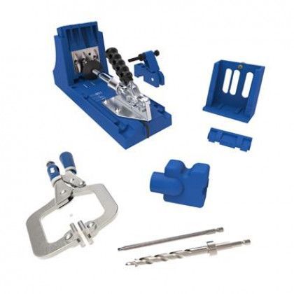 Blue and silver metal mechanical tool kit parts arranged on a white background