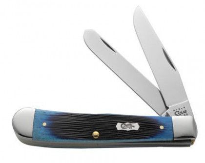 Blue-handled folding pocket knife with two blades open on a white background