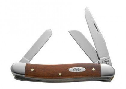 Closed folding pocket knife with wood handle and three silver blades open on white background