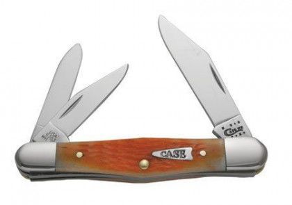 Open pocket knife with wooden handle and two blades extended