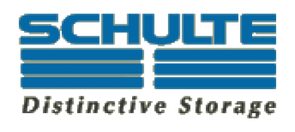 Schulte Distinctive Storage logo in blue and gray text with horizontal blue bars