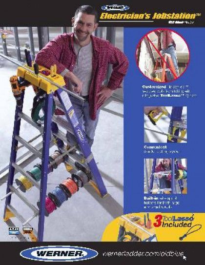 Werner electrician's jobstation ladder with tools, showing a man working on electrical equipment.