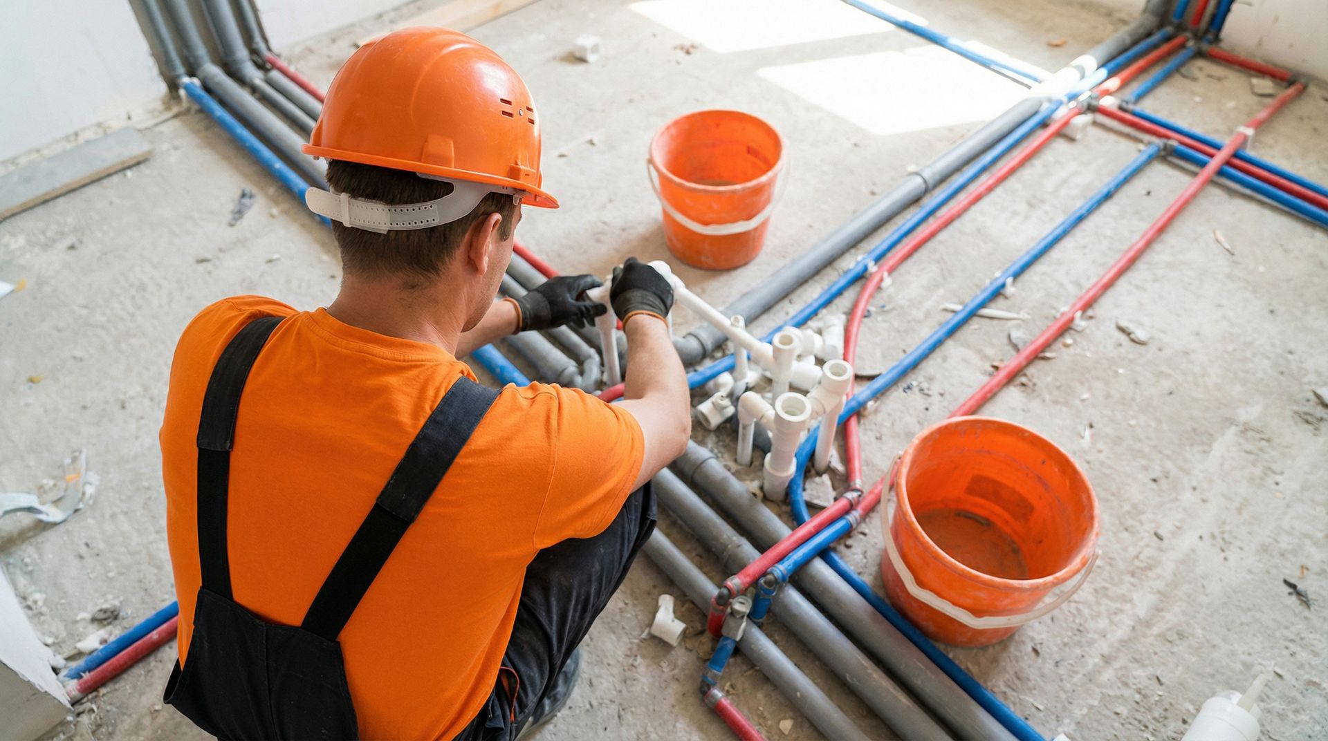 Plumber installing new water pipes in a building under construction, focusing on plumbing system installation and renovation Plumber installing new water pipes in a building under construction, focusing on plumbing system installation and renovation