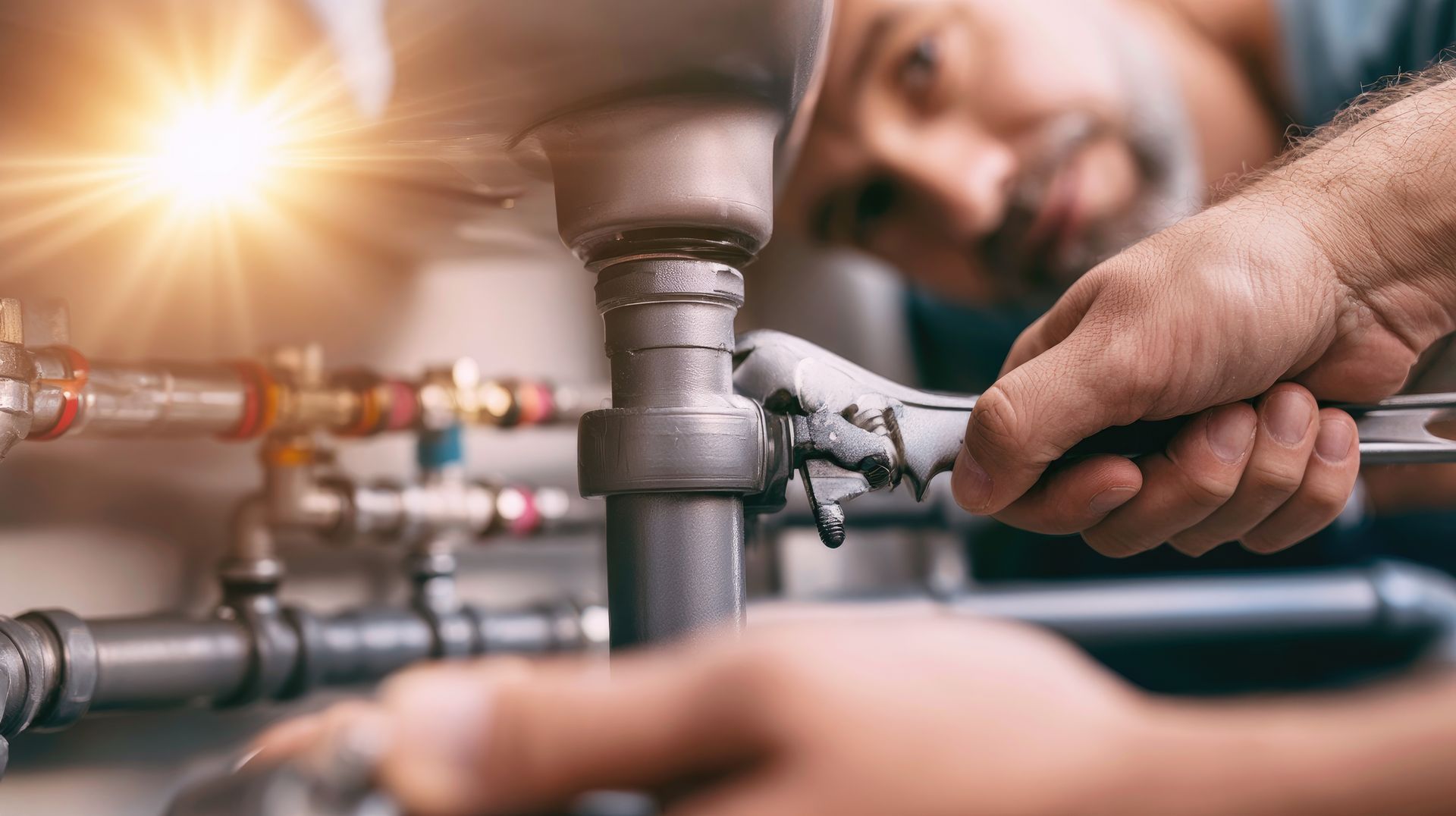 Close-up of a plumber tightening pipes with a wrench