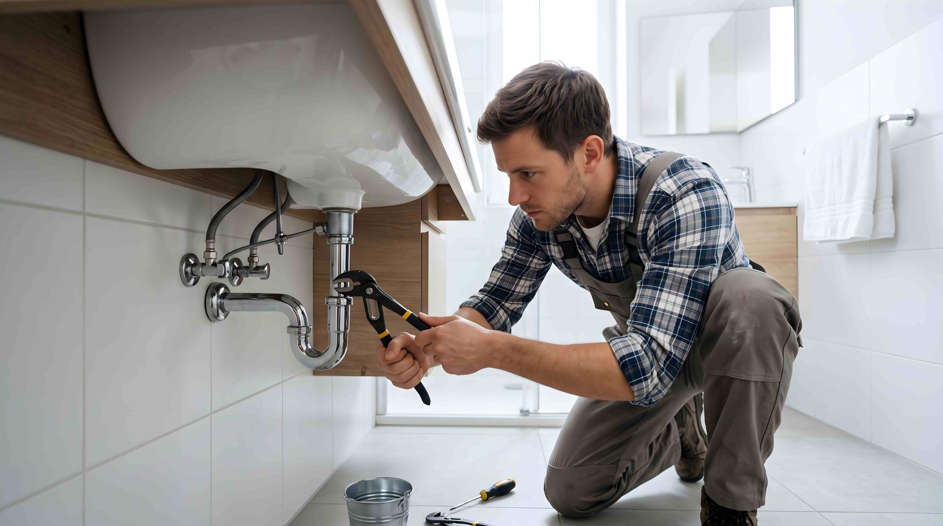 Professional plumber repairing bathroom sink pipes with wrench in modern home interior residential maintenance services business lifestyle concept Professional plumber repairing bathroom sink pipes with wrench in modern home interior residential maintenance services business lifestyle concept