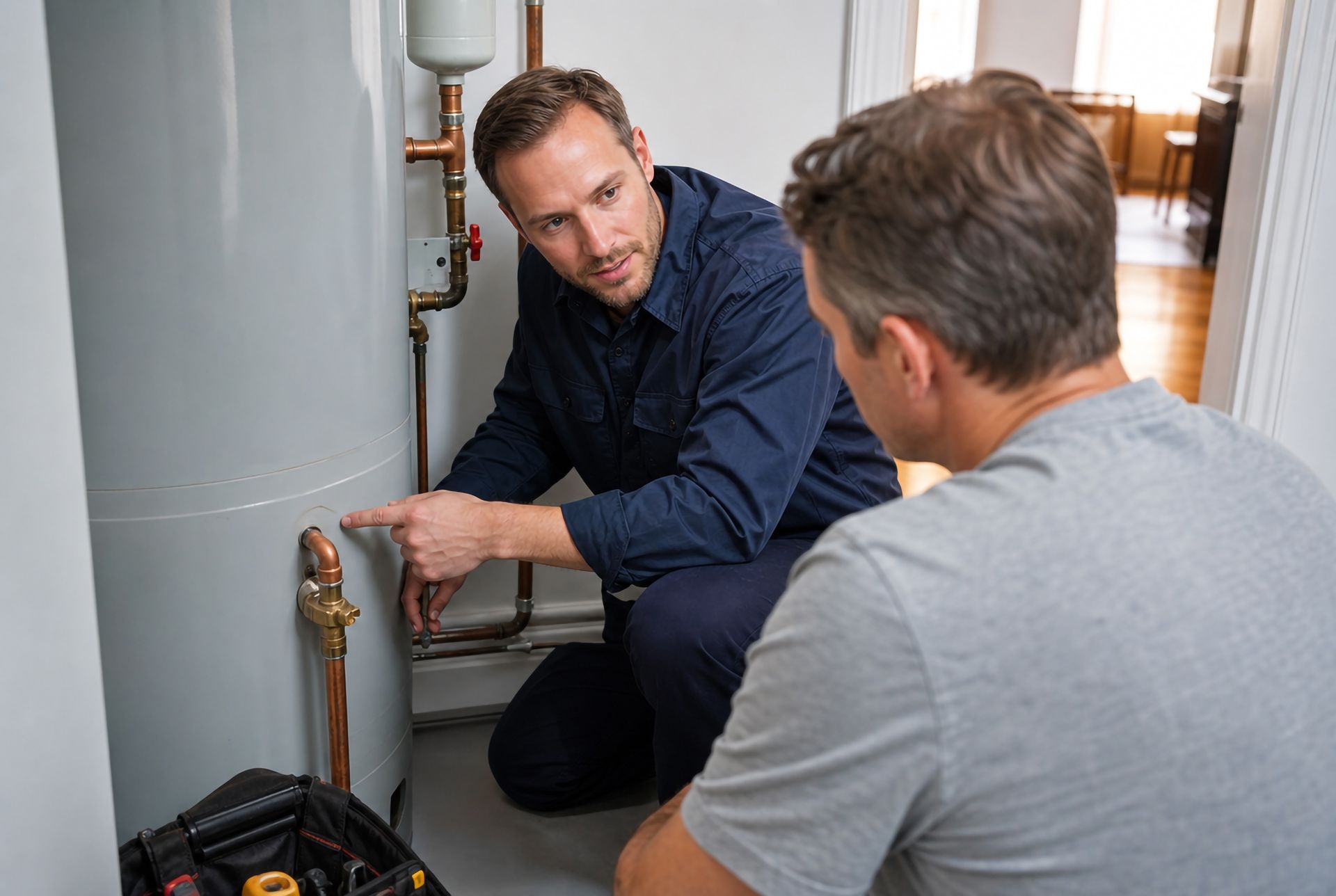 Licensed plumber repairing a water heater during a plumbing company service call