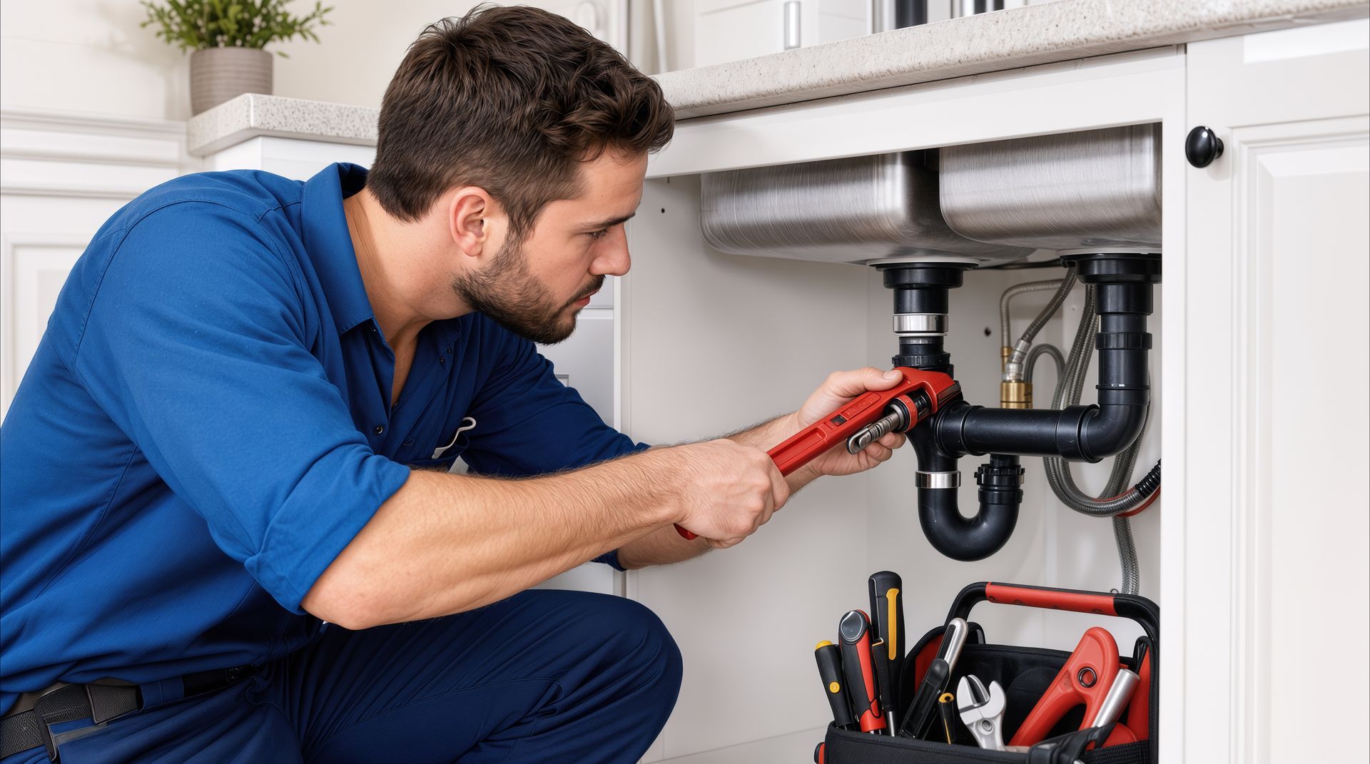 Licensed plumber repairing pipes for a plumbing company