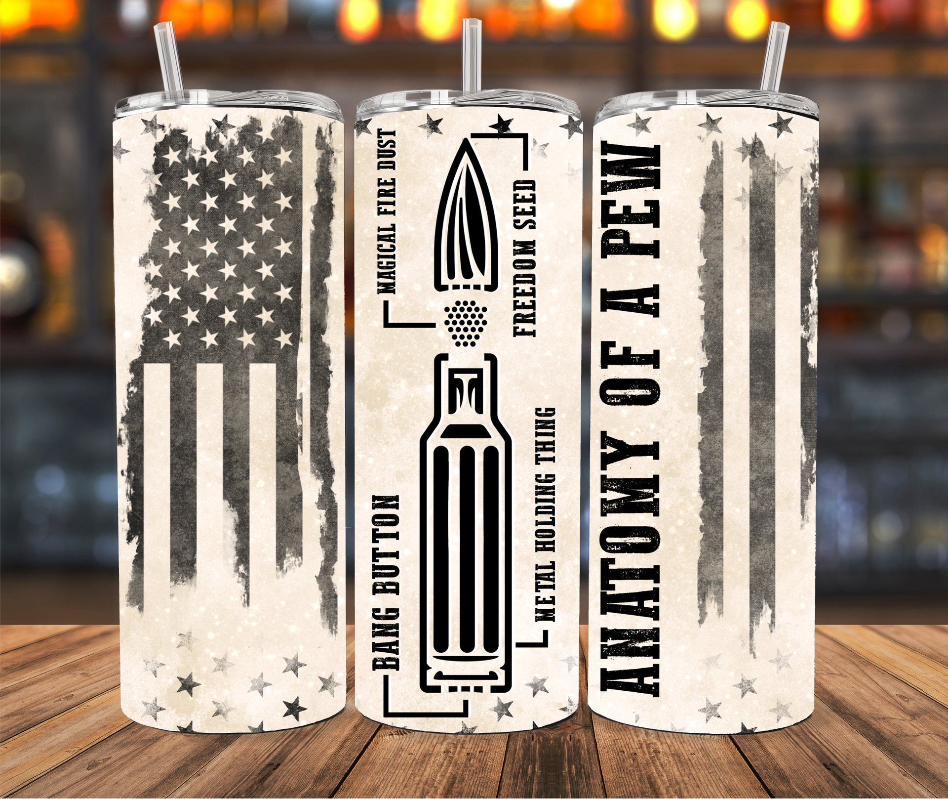 Three tumblers showing a distressed American flag design, a bullet diagram labeled 