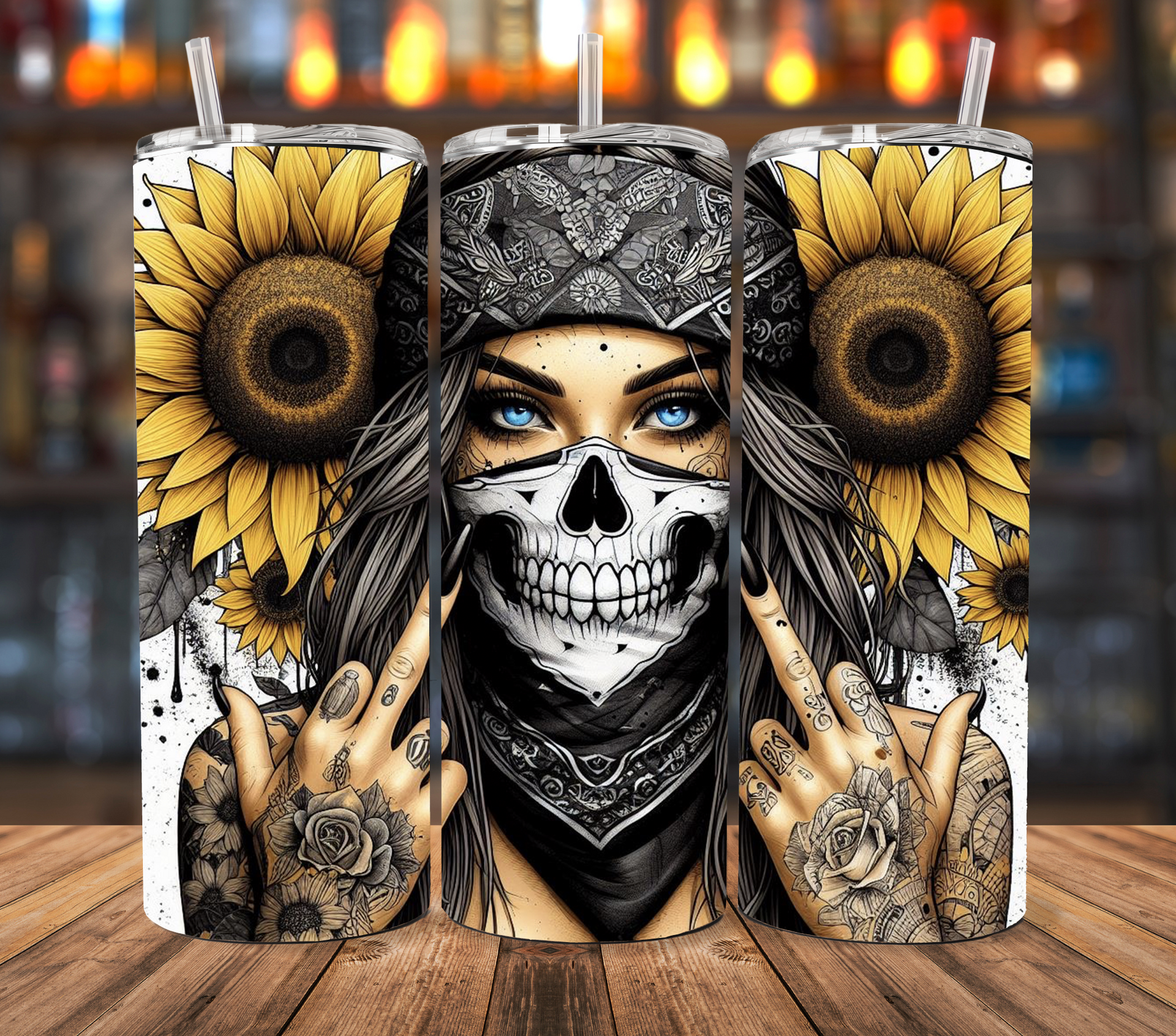 A graphic tumbler design featuring a person wearing a skull bandana, surrounded by sunflowers, giving a middle-finger sign.