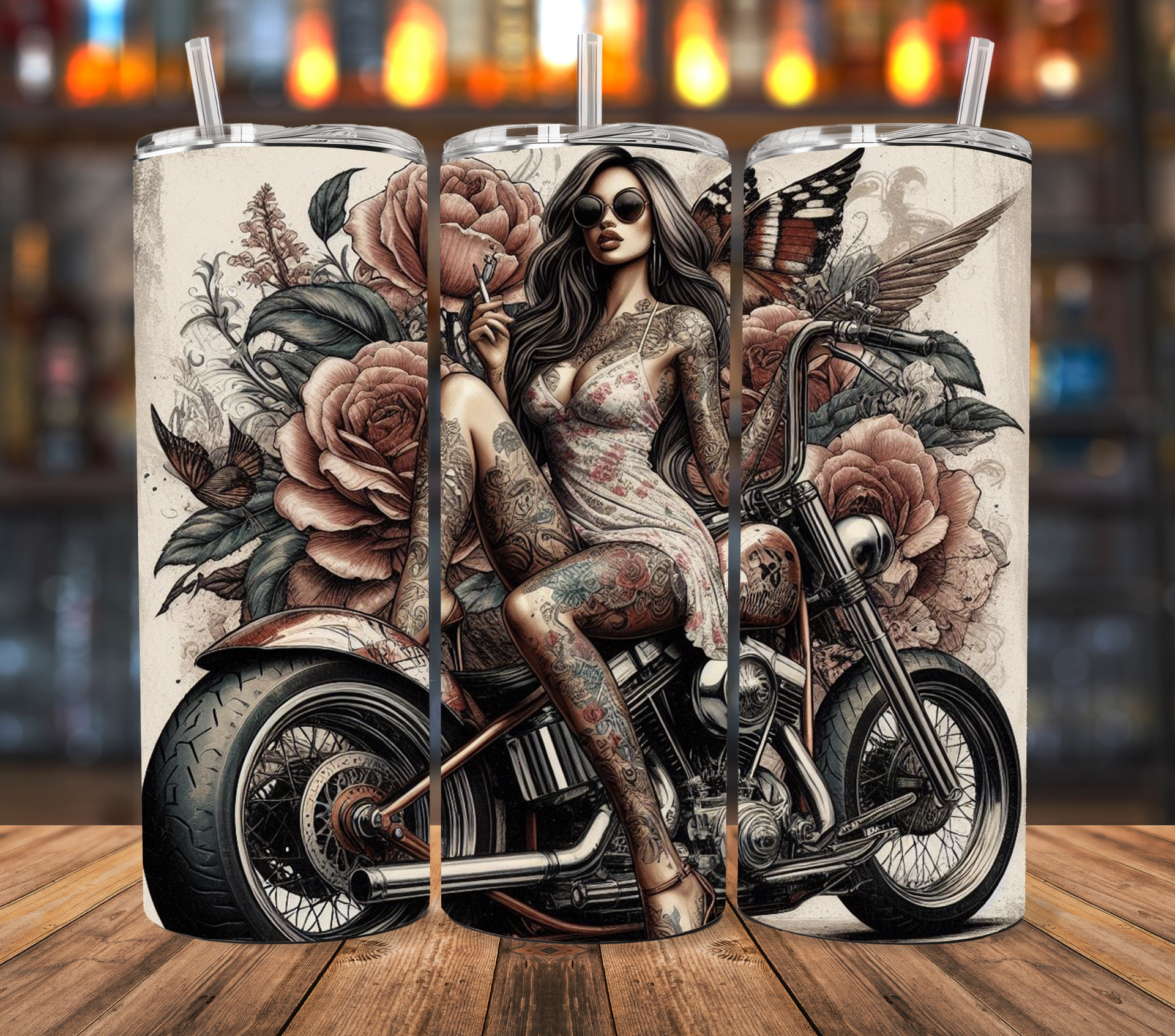 A woman with tattoos wearing sunglasses sits on a motorcycle surrounded by vintage-style floral illustrations.