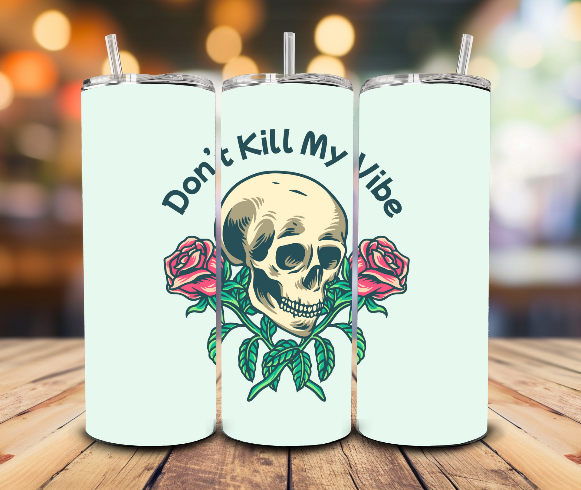 A 20oz tumbler featuring a pixel-art skull flanked by two red roses, with the text 