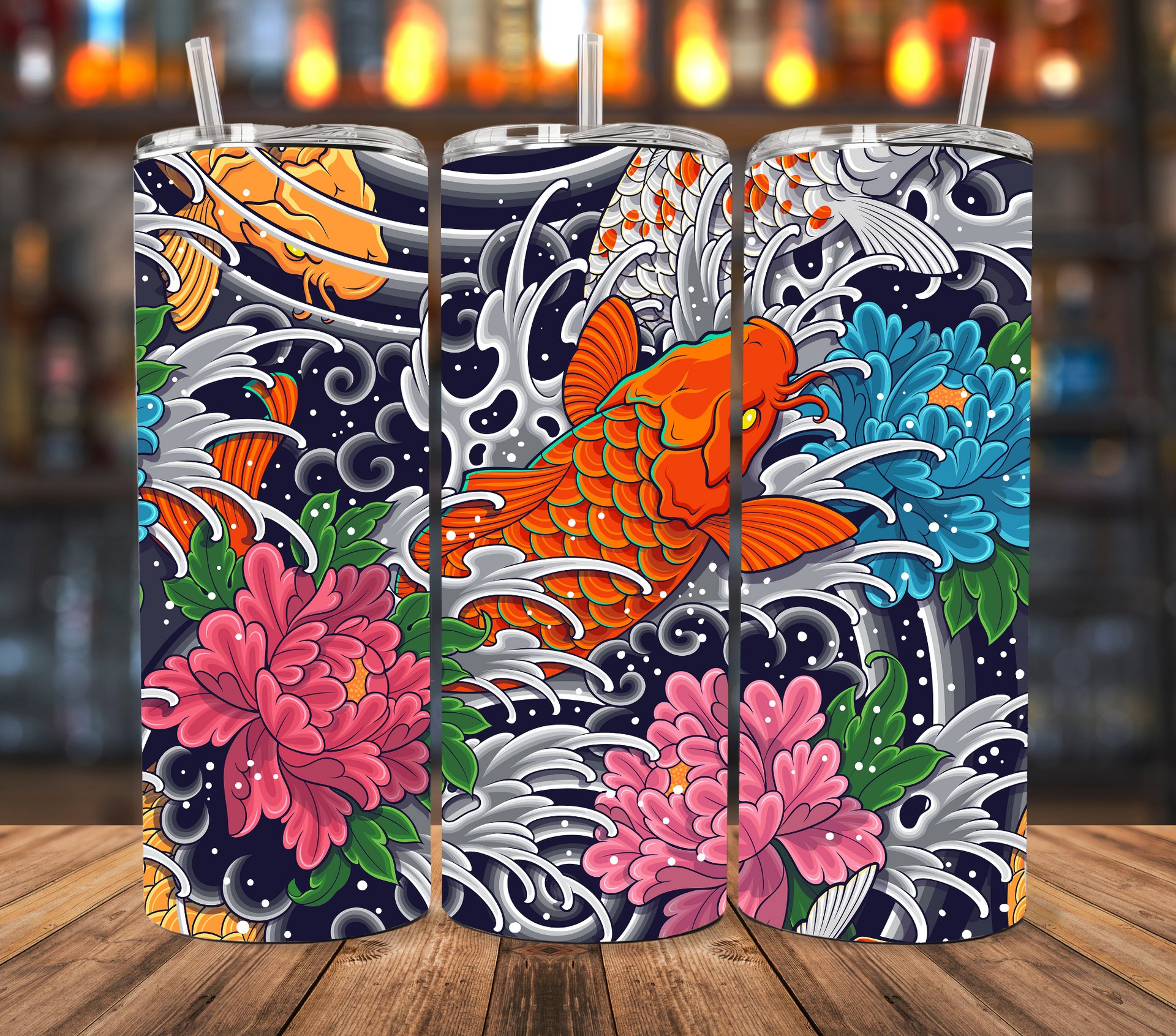 Three tumblers featuring a pixel-art style koi fish, blue and pink flowers, and stylized waves on a dark blue background.