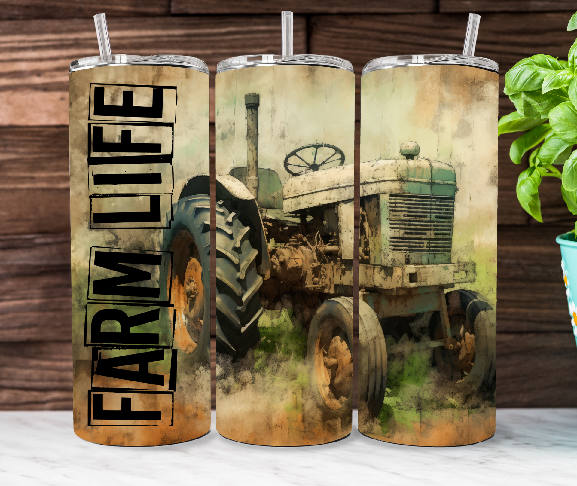 A tumbler featuring a watercolor-style antique tractor, text reading 
