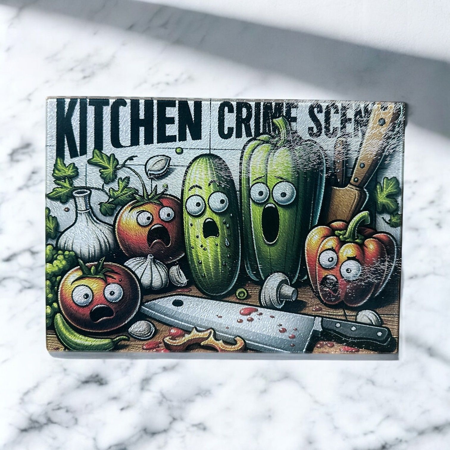 A glass cutting board depicts cartoon vegetables looking terrified around a knife, labeled 