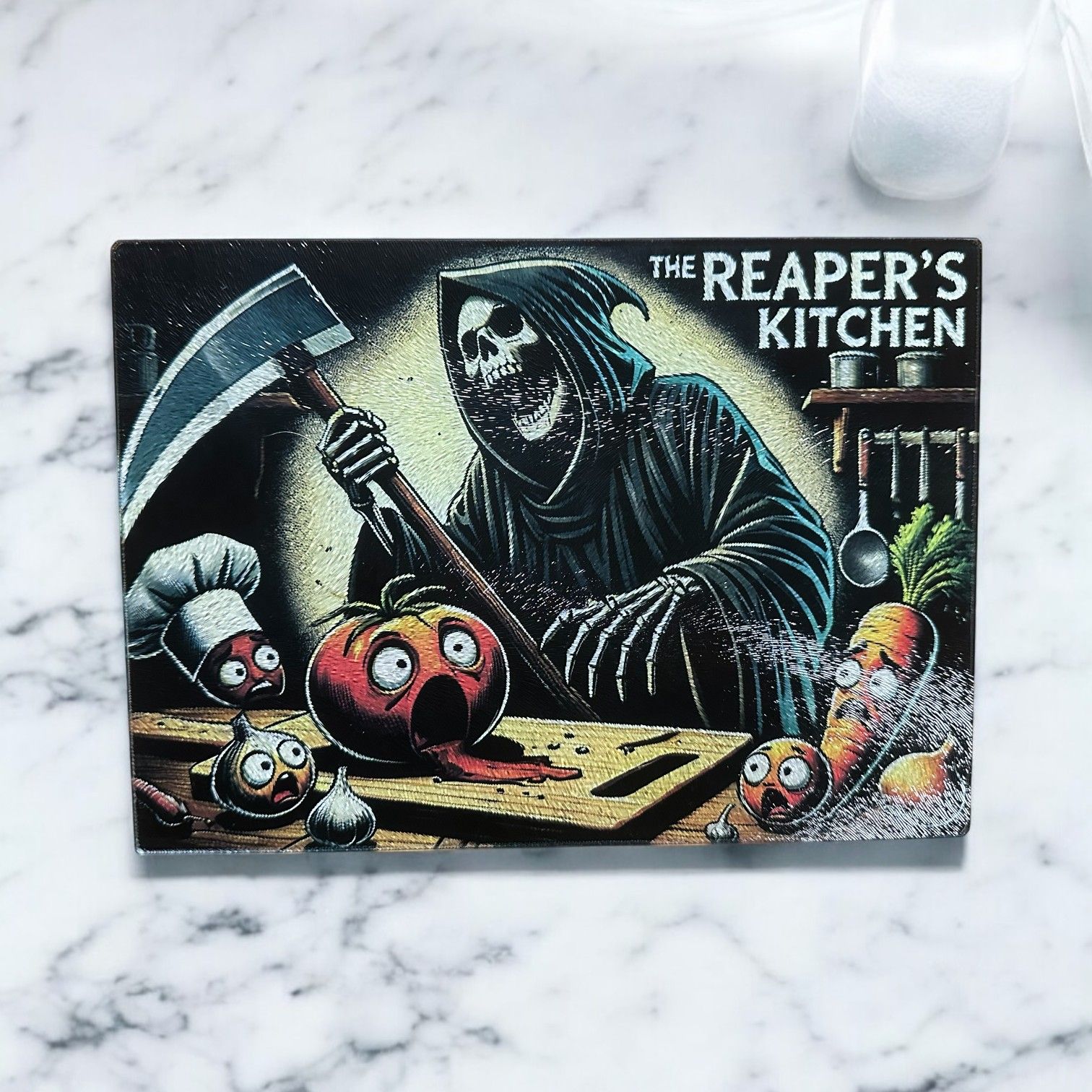 A grim reaper stands in a kitchen, holding a scythe over a terrified, screaming tomato on a wooden cutting board.