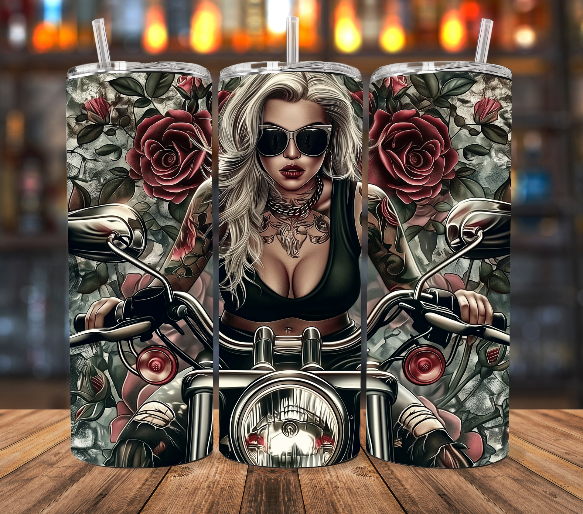 A tumbler featuring a woman on a motorcycle, surrounded by red roses and leafy vines against a dark background.
