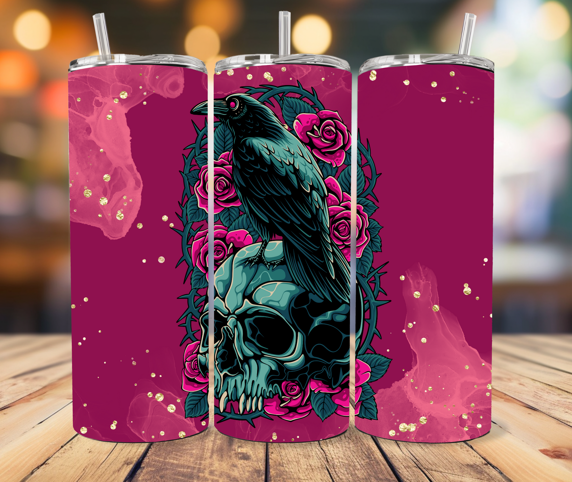 Three tumblers display a pixel-art style graphic of a raven perched on a skull surrounded by pink roses on a maroon background.