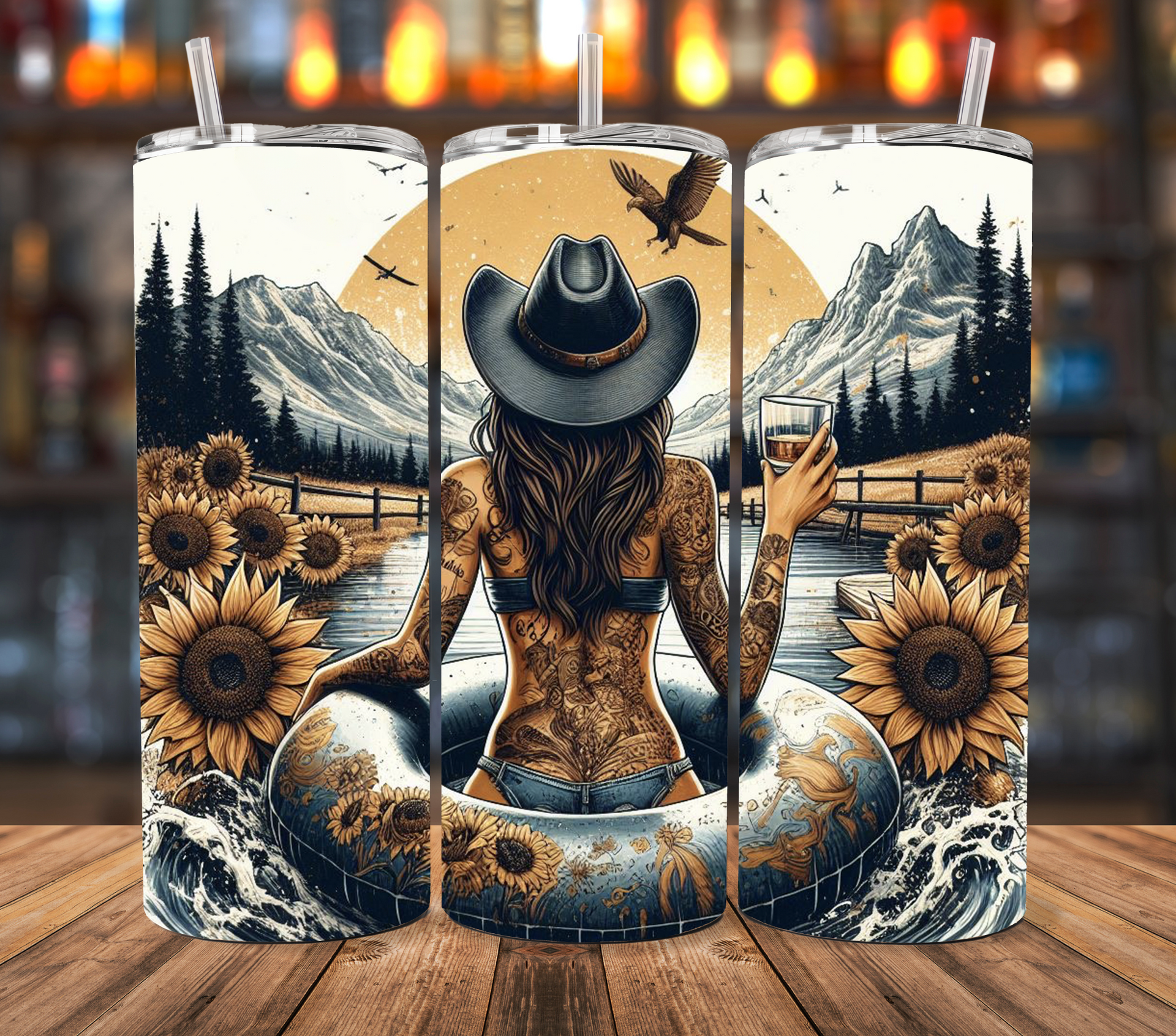 A tattooed person in a cowboy hat floats in a tube on water, holding a glass against a landscape of sunflowers and hills.