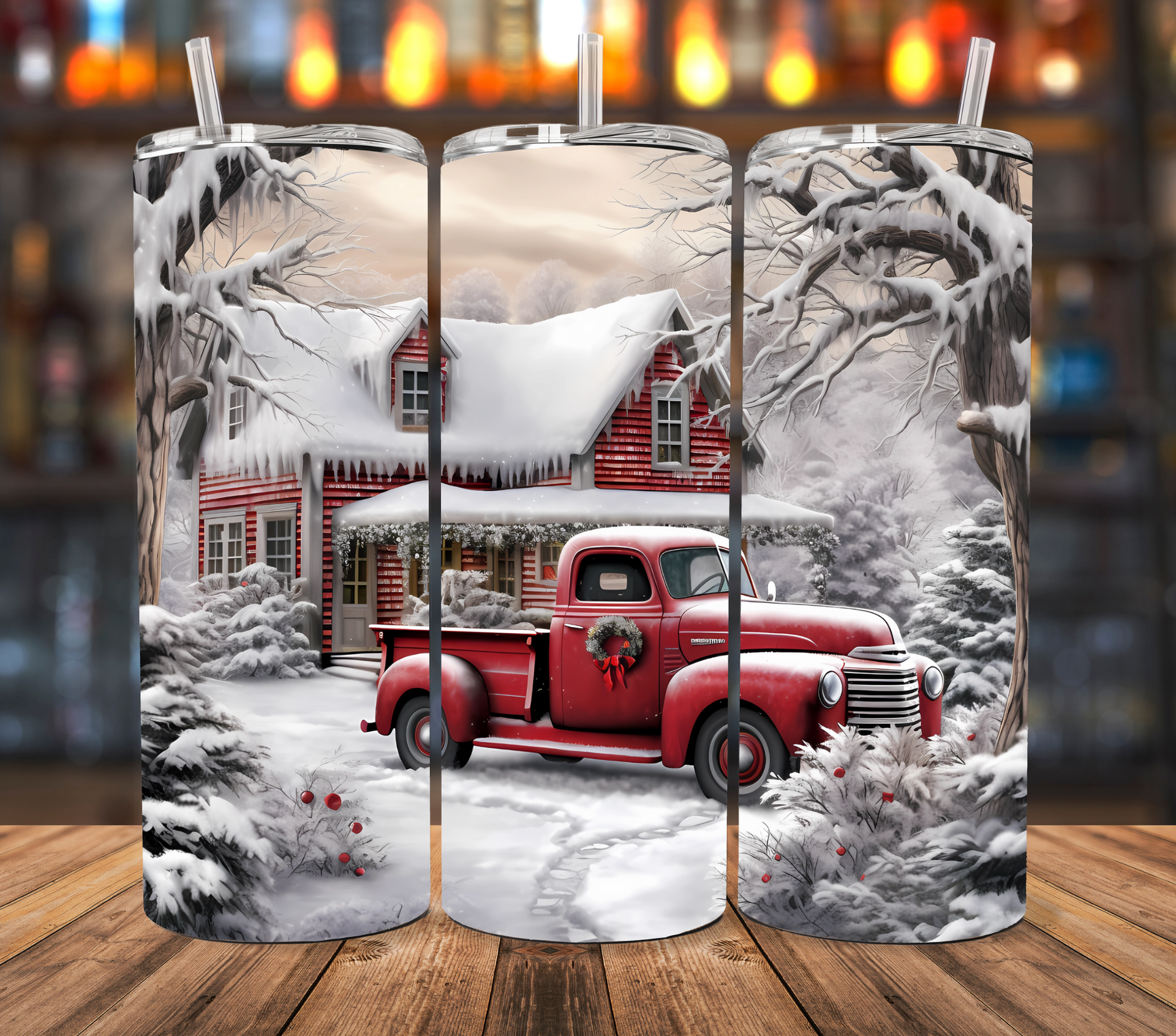 A red vintage pickup truck parked in front of a snow-covered house with winter trees.