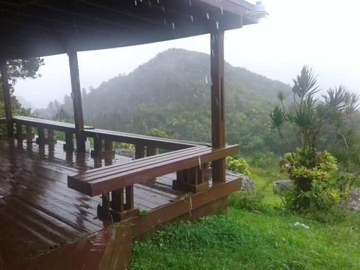 Mist rolling over the mountains past the deck
