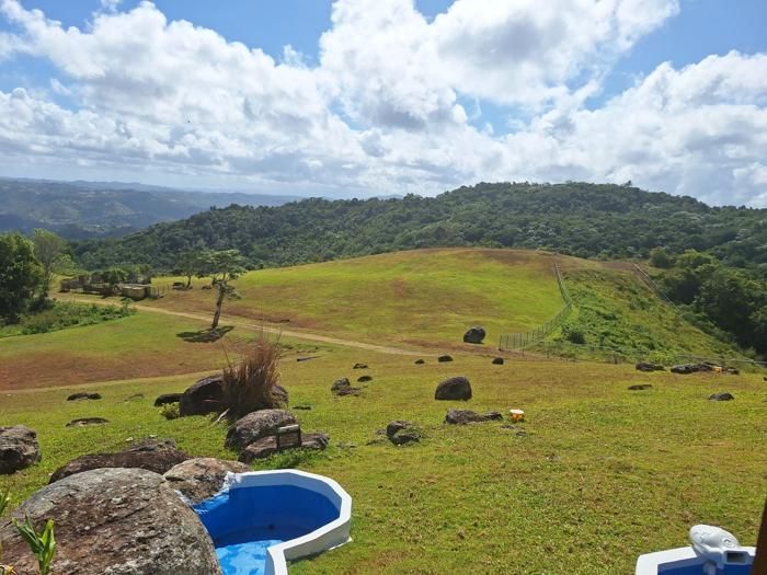 Rolling pasture, boulders and mountain views from the main house deck in Cayey, Puerto Rico