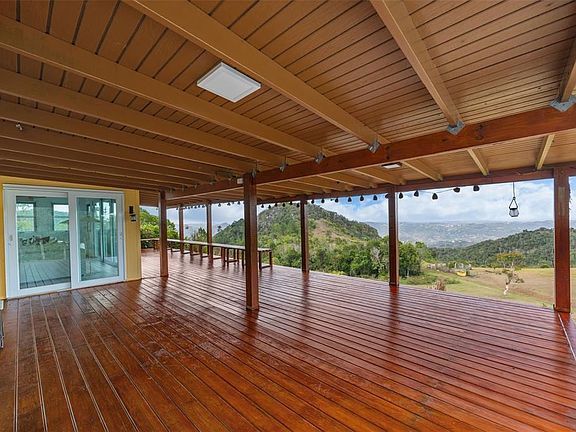 Covered mahogany deck running the length of the house