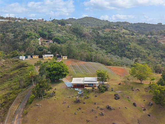 Aerial view of the residences and pasture