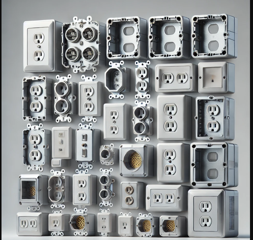 A bunch of electrical outlets are stacked on top of each other