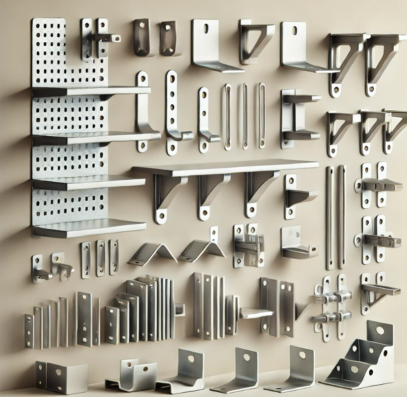 A wall with a bunch of metal brackets on it