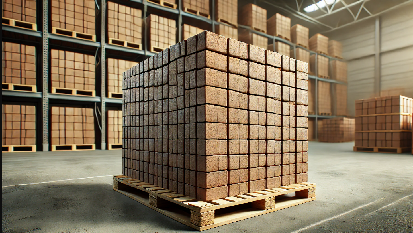 A wooden pallet filled with bricks in a warehouse.