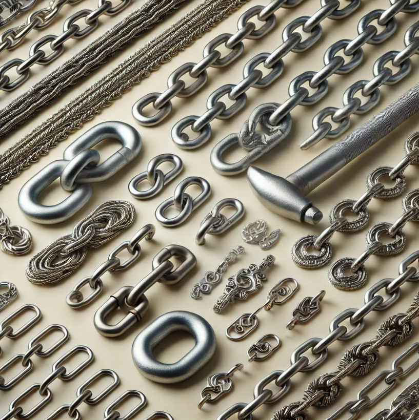 Many different types of chains are laid out on a table