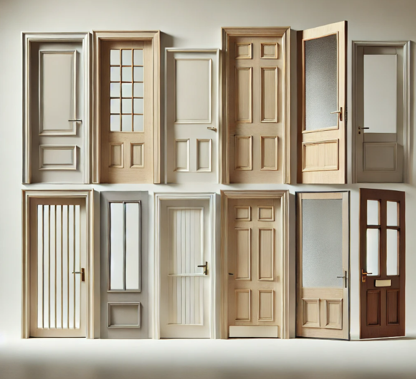 A bunch of doors are lined up on a wall