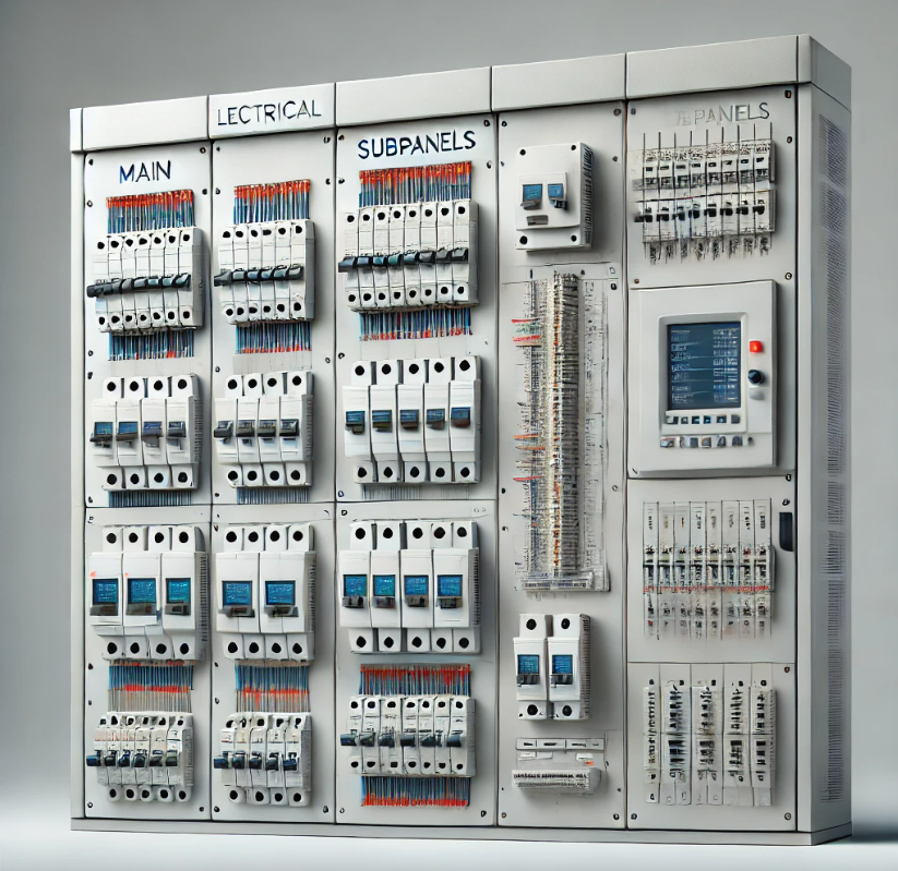 A wall of electrical equipment with the words main and subpanels on it