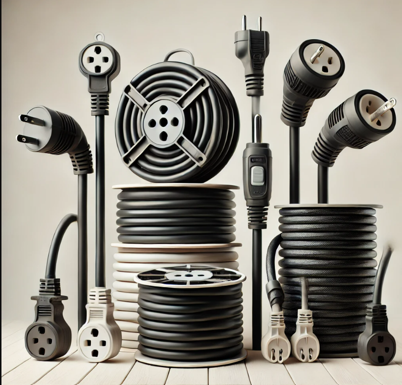 A bunch of electrical cords and plugs are stacked on top of each other