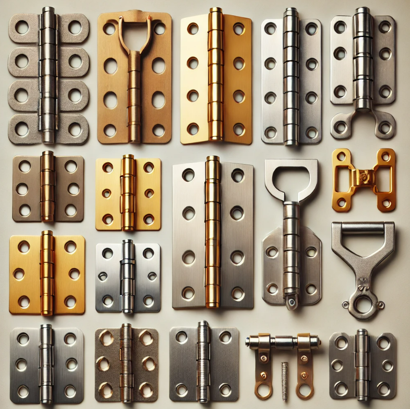 A bunch of different types of door hinges on a table