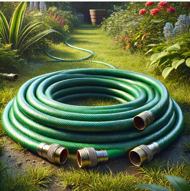 A green hose with a yellow connector on a white background.