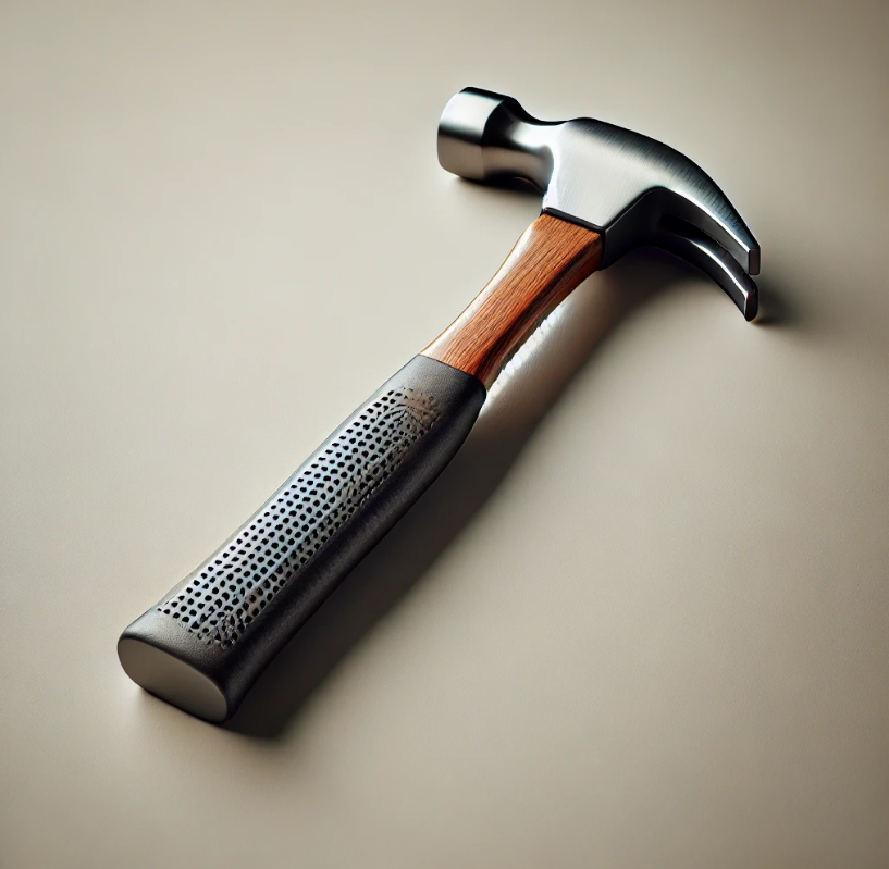 A hammer with a wooden handle is on a white surface