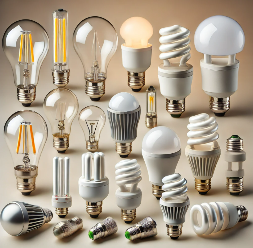 A bunch of different types of light bulbs on a table